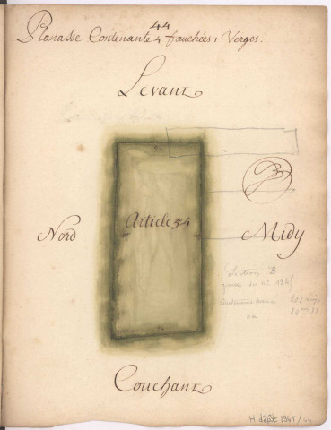 Cayet des plans et figures des prés de l'hotel Dieu de Sainte Manéhould, 1761. Plan n° 44 : Planasse.
