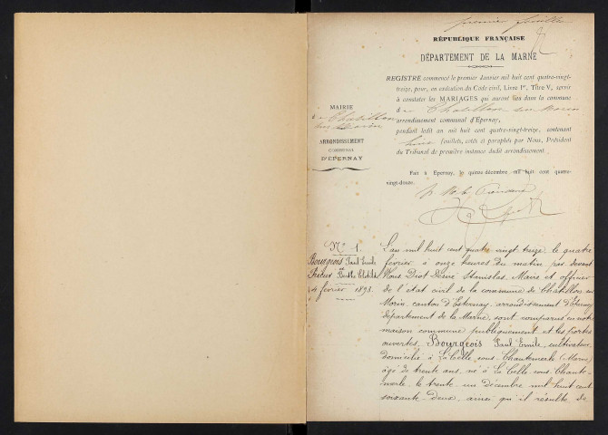 Châtillon-sur-Morin. Mariages 1893-1929