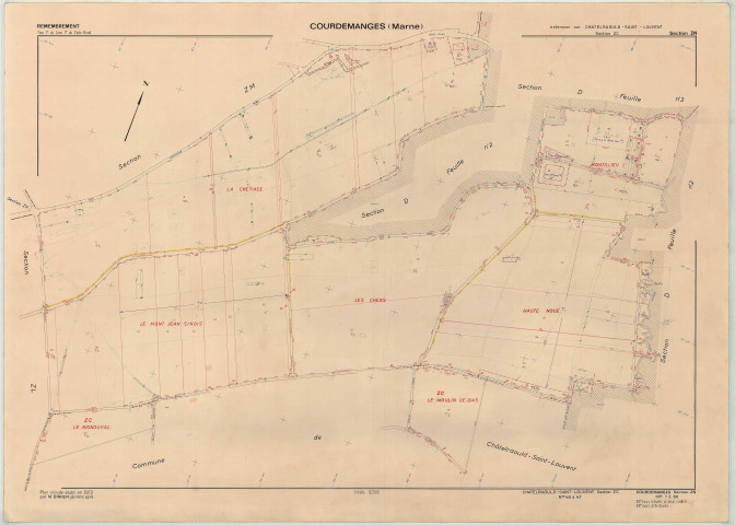 Courdemanges (51184). Section ZN échelle 1/2000, plan remembré pour 1972 (extension Chatelraould-Saint-Louvent section ZC), plan régulier (papier armé)
