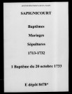 Sapignicourt. Baptêmes, mariages, sépultures 1713-1733