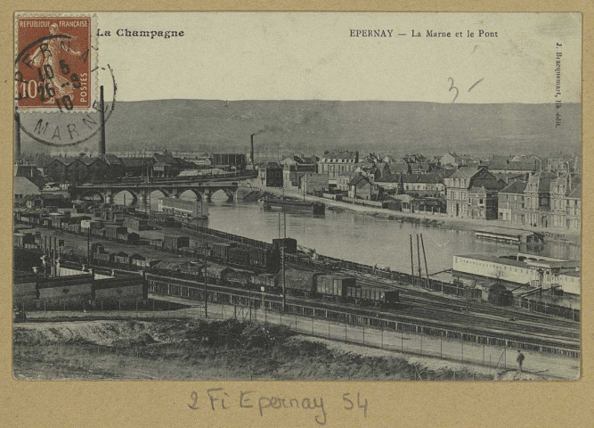 ÉPERNAY. La Champagne-Épernay-La Marne et le pont.
Édition lib. J. Bracquemart.[vers 1910]
