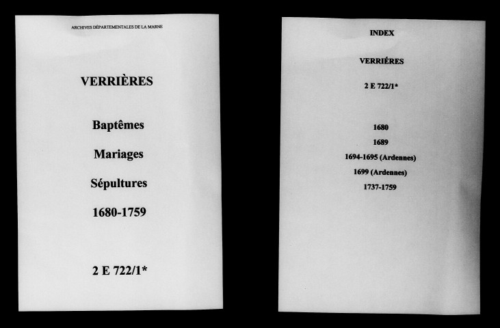 Verrières. Baptêmes, mariages, sépultures 1680-1759