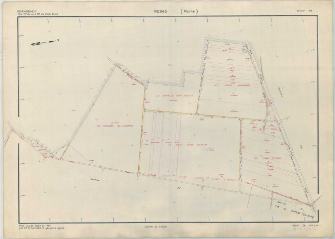 Reims (51454). Section ZB échelle 1/2000, plan remembré pour 1969, plan régulier (papier armé).