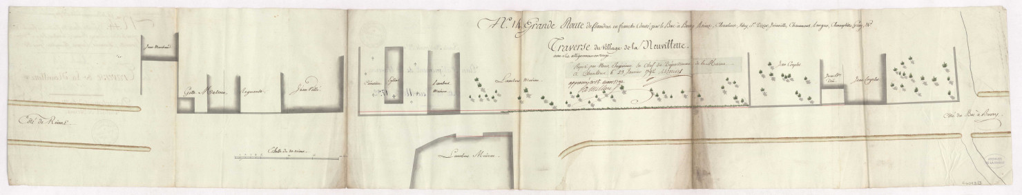 RN 44. Plan d'alignement de la traverse de Neuvilette, 1792.