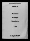 Pringy. Baptêmes, mariages, sépultures 1736