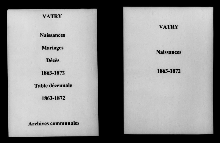 Vatry. Naissances, mariages, décès et tables décennales des naissances, mariages, décès 1863-1872