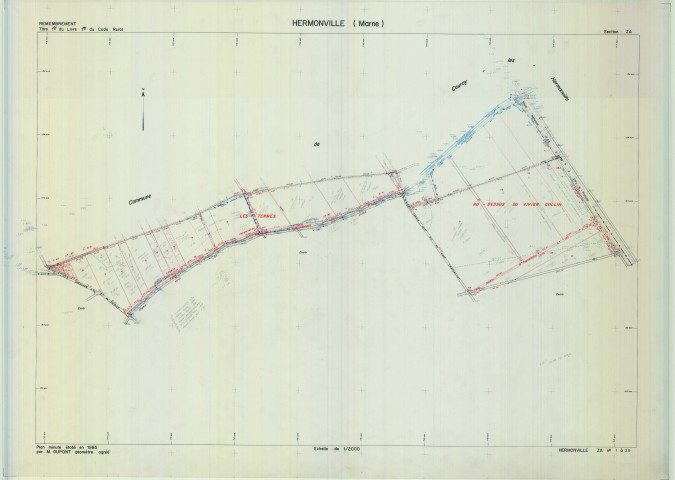 Hermonville (51291). Section ZA échelle 1/2000, plan remembré pour 1989, plan régulier de qualité P5 (calque).