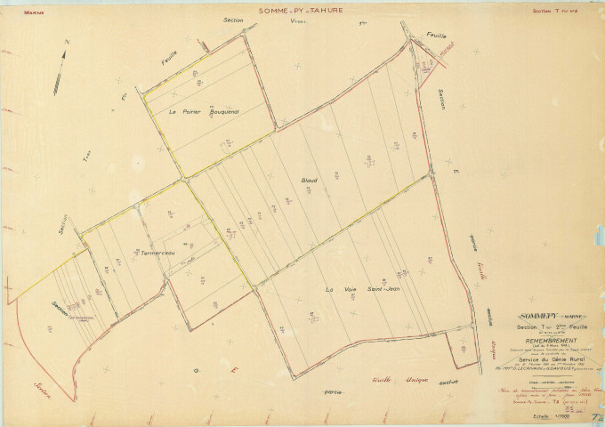 Sommepy-Tahure (51544). Section T2 échelle 1/2000, plan remembré pour 1956, plan régulier (papier)