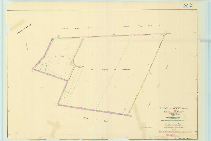 Bourgogne-Fresne (51075). Section X2 2 échelle 1/2000, plan remembré pour 1956, plan régulier (papier).