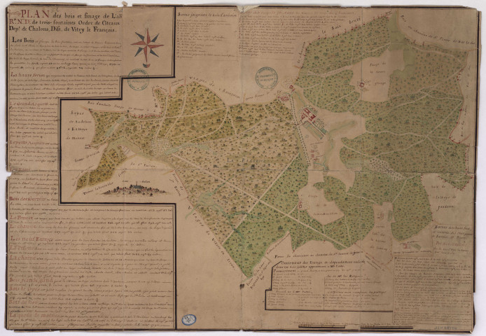 Abbaye de Trois-Fontaines. Plan des bois et finage de l'abbaye de Notre Dame de Trois Fontaines, 8 août 1790.