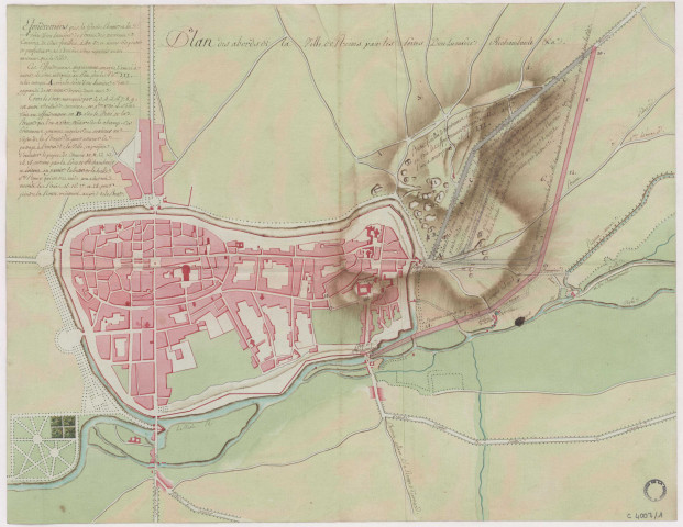 Route n° 44 de Châlons à Cambrai. Plan des abords de la ville de Reims avec l'emplacement des carrières, 1777.