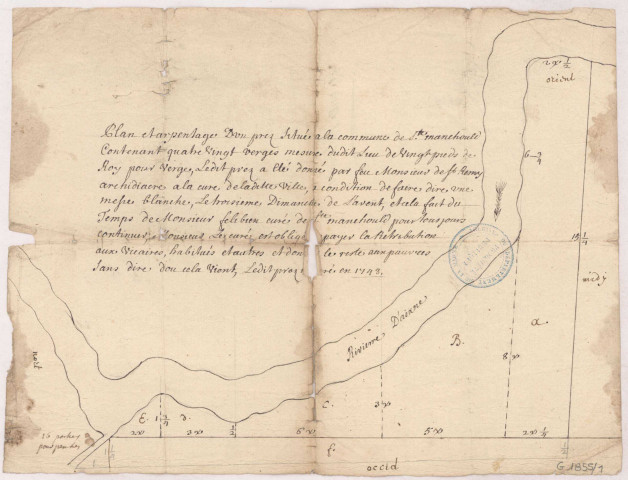Plan et arpentage d'un prez situé à la commune de Sainte Manehould appellé le prés de la Nefle Blanche, 1748-1751.