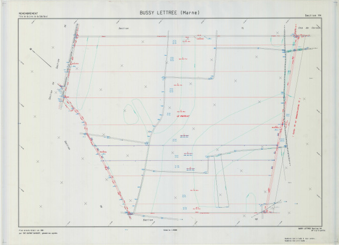 Bussy-Lettrée (51099). Section YM échelle 1/2000, plan remembré pour 1991, plan régulier (calque)