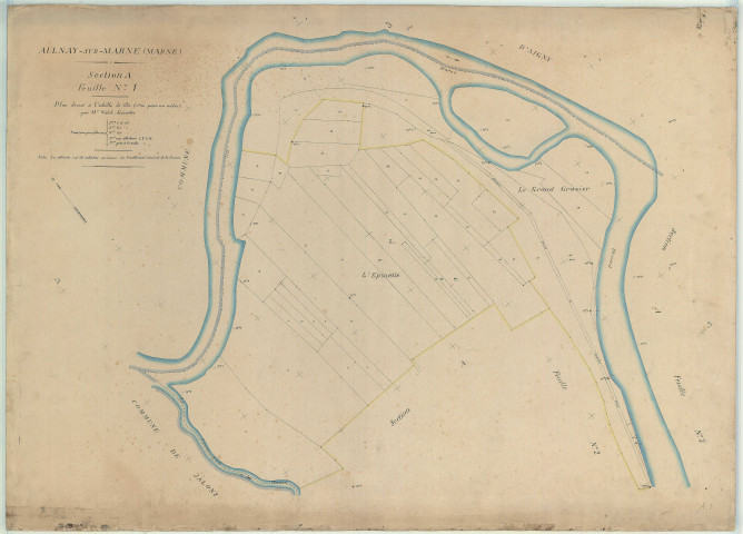 Aulnay-sur-Marne (51023). Section A1 3 échelle 1/1000, plan dressé pour 1912, plan non régulier (papier)