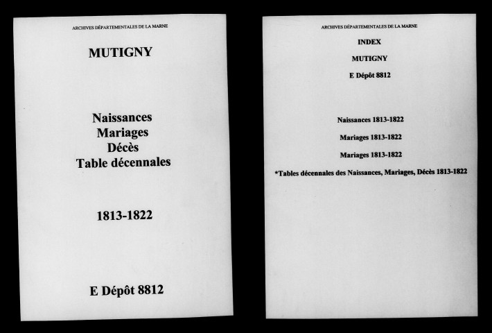 Mutigny. Naissances, mariages, décès et tables décennales des naissances, mariages, décès 1813-1822