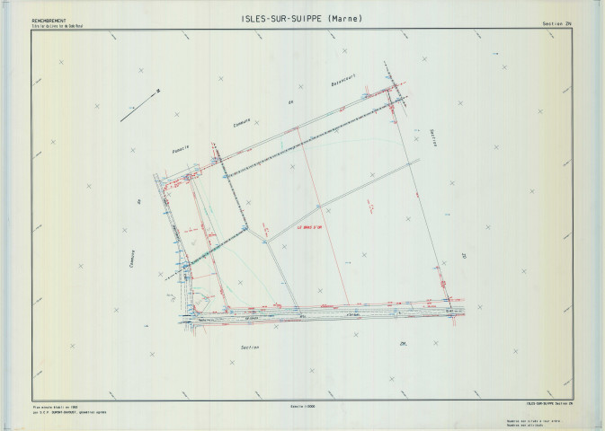 Isles-sur-Suippe (51299). Section ZN échelle 1/2000, plan remembré pour 1995, plan régulier de qualité P5 (calque).