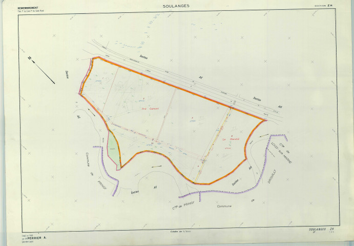 Soulanges (51557). Section ZH échelle 1/2000, plan remembré pour 1977, plan régulier (papier armé)
