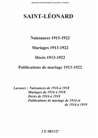 Saint-Léonard. Naissances, mariages, décès, publications de mariage 1913-1922