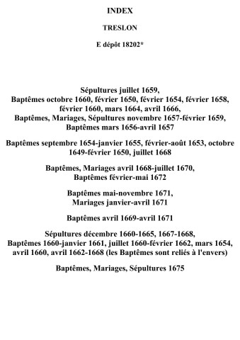 Treslon. Baptêmes, mariages, sépultures 1649-1675
