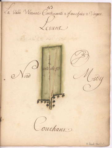 Cayet des plans et figures des prés de l'hotel Dieu de Sainte Manéhould, 1761. Plan n° 43 : La Vallée Warnée.