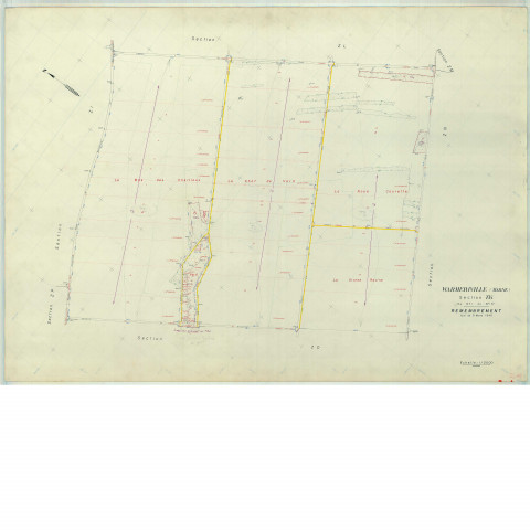 Warmeriville (51660). Section ZK échelle 1/2000, plan remembré pour 1974, plan régulier (papier armé).