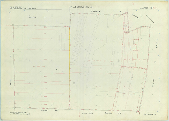 Villeseneux (51638). Section ZM échelle 1/2000, plan remembré pour 1967 (extension sur Soudron section ZN), plan régulier (papier armé)