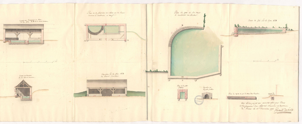 Plans et devis dressés par le sous-ingénieur Hurault de Sorbée des travaux à exécuter à un ponceau, aux fontaines, abreuvoirs et lavoirs de Chaumuzy, 1771.