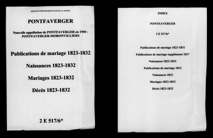 Pontfaverger. Publications de mariage, naissances, mariages, décès 1823-1832