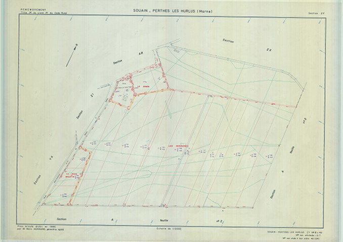 Souain-Perthes-lès-Hurlus (51553). Section ZY échelle 1/2000, plan remembré pour 1986, plan régulier (calque)