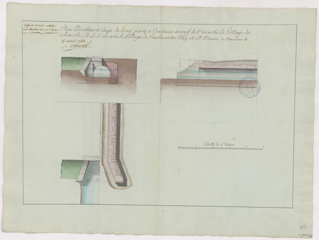 Plan élévation et coupe de deux ponts à construire à neuf le 1er vis à vis le village de Marolle et le 2° vis à vis le village de Vauclerc, 1784.