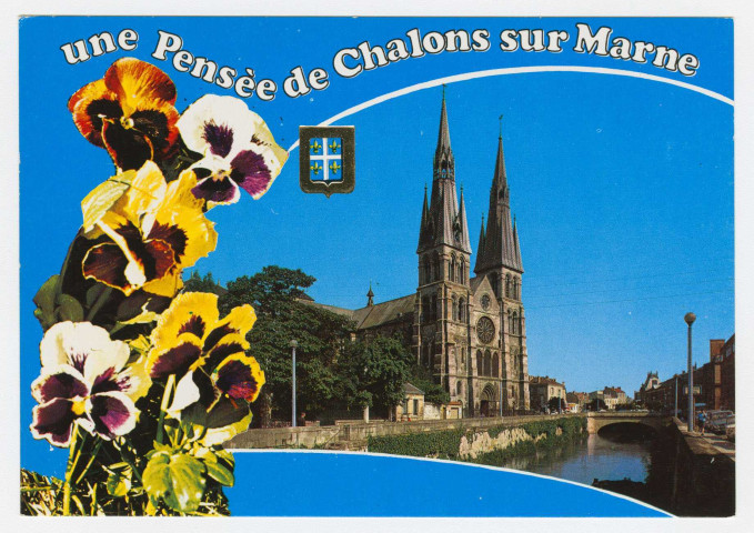 CHÂLONS-EN-CHAMPAGNE. Une pensée de Châlons-sur-Marne. Église Notre-Dame-en-Vaux édifiée au début du 12ème s. Church of Notre-Dame-en-Vaux, built at the begining of the XII C. Iglesia Notre-Dame-en-Vaux construida al principio del siglo XII. / SPADEM. Couleurs naturelles. Photog.
Editions MAGE (Postales Escudo de Oro)[s.d.]