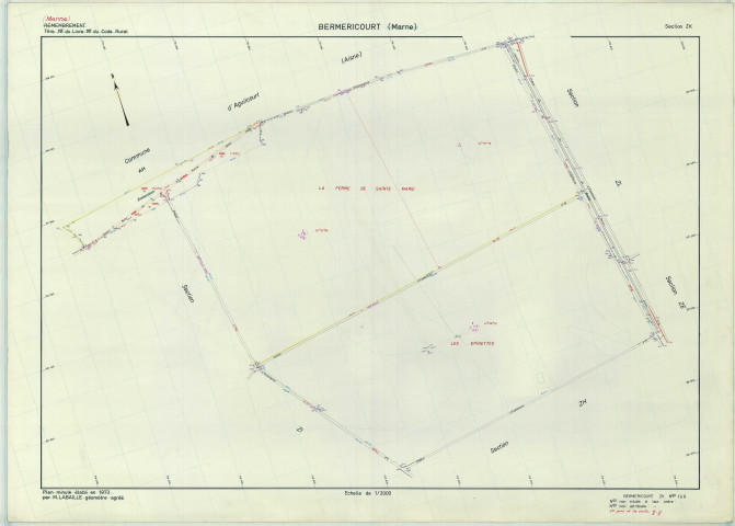 Berméricourt (51051). Section ZK échelle 1/2000, plan remembré pour 1976, plan régulier (papier armé).