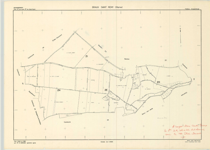 Braux-Saint-Remy (51083). Tableau d'assemblage 1 échelle 1/5000, plan remembré pour 1969, plan régulier (papier)
