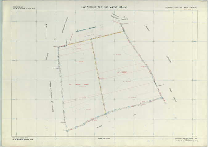Larzicourt (51316). Section ZC échelle 1/2000, plan remembré pour 1979 (extension sur Matignicourt section ZE), plan régulier (papier armé)