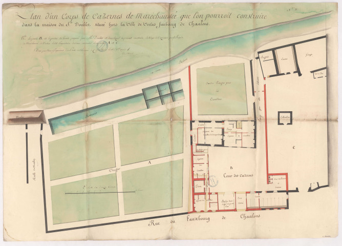 Plan d'un corps de cazernes de maréchaussée que l'on pourrait construire dans la maison de Sr Doublet situé hors la ville de Vertus faubourg de Chaalons, dréssé par M. l'ingénieur De Closet, 1773.
