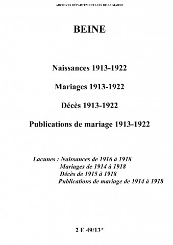 Beine. Naissances, mariages, décès, publications de mariage 1913-1922