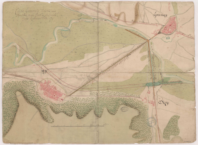 Carte générale relative aux chaussées et au pont à construire dans la prairie de Dizy, XVIIIè s.