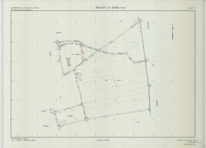 Broussy-le-Grand (51090). Section YB échelle 1/2000, plan remembré pour 01/01/1980, plan régulier de qualité P5 (calque)