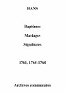 Hans. Baptêmes, mariages, sépultures 1761-1768