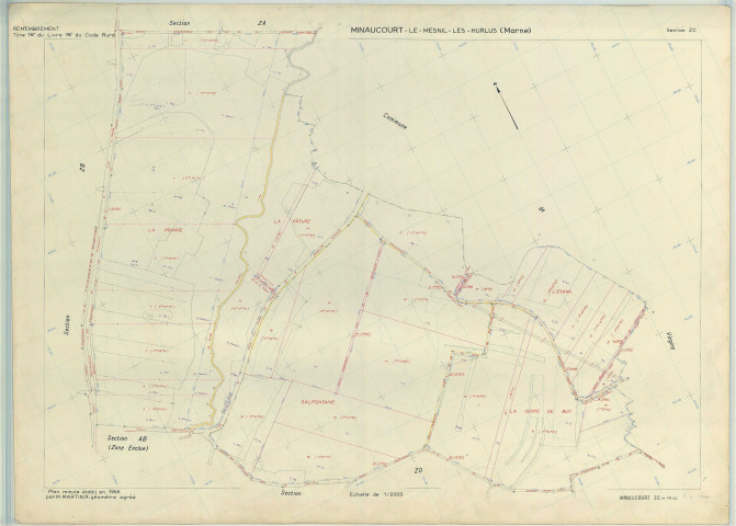Minaucourt-le-Mesnil-lès-Hurlus (51368). Section ZC échelle 1/2000, plan remembré pour 1966, plan régulier (papier armé)