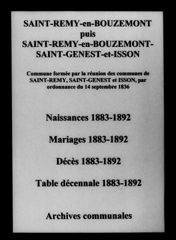 Saint-Remy-en-Bouzemont-Saint-Genest-et-Isson. Naissances, mariages, décès et tables décennales des naissances, mariages, décès 1883-1892