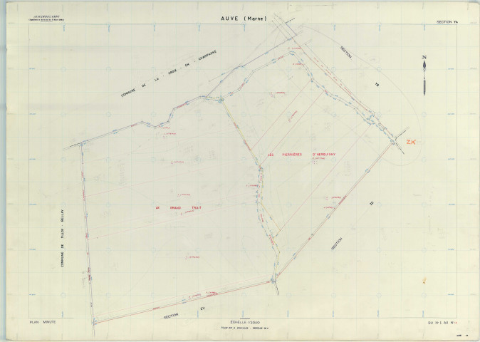 Auve (51027). Section YA échelle 1/2000, plan remembré pour 1950, plan régulier (papier armé)