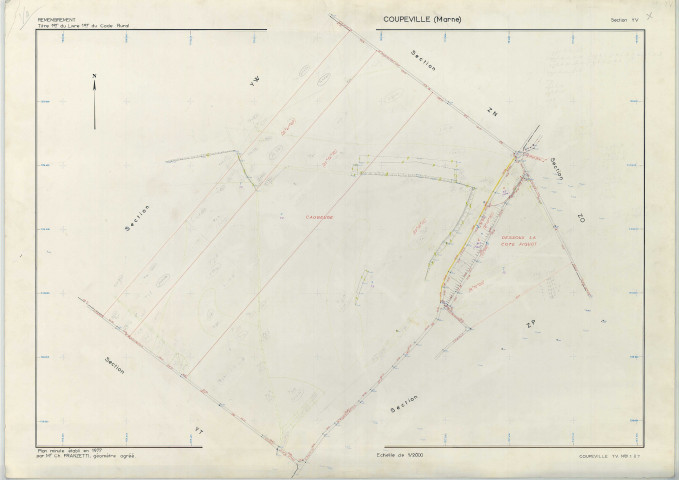 Coupéville (51179). Section YV échelle 1/2000, plan remembré pour 1977, plan régulier (papier armé)