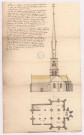 Plan et élévation de l'église de Warmeriville telle qu'elle étoit avant l'incendie de la flèche (vers 1750)