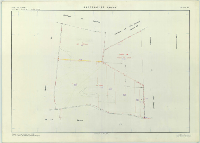 Rapsécourt (51452). Section ZC échelle 1/2000, plan remembré pour 1980 (extension sur Élise-Daucourt section ZP), plan régulier (papier armé)