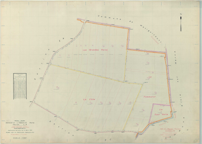 Moncetz-l'Abbaye (51373). Section ZB échelle 1/2000, plan remembré pour 1959 (contient une extension sur Isle-sur-Marne section ZA), plan régulier (papier armé)
