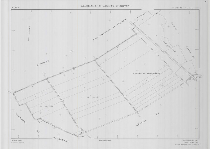 Allemanche-Launay-et-Soyer (51004). Section ZI 1 échelle 1/2000, plan remembré pour 01/01/1957, régulier avant 20/03/1980 (calque)