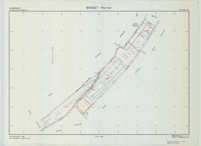 Bassuet (51040). Section ZM échelle 1/1000, plan remembré pour 1995 (extension sur Bassu section ZN), plan régulier (calque)
