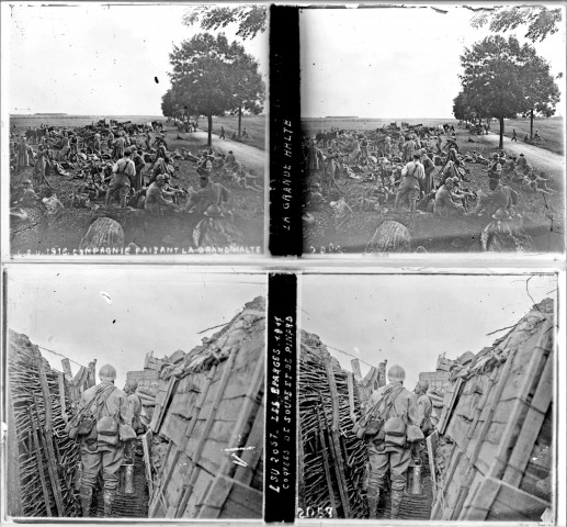 Compagnie faisant la grande halte (vue 1). Les Éparges. Corvées de soupe et de pinard, 1917 (vue 2)