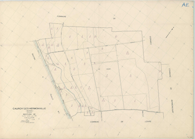 Cauroy-lès-Hermonville (51102). Section AE échelle 1/2500, plan refait pour 1955, plan régulier (papier).
